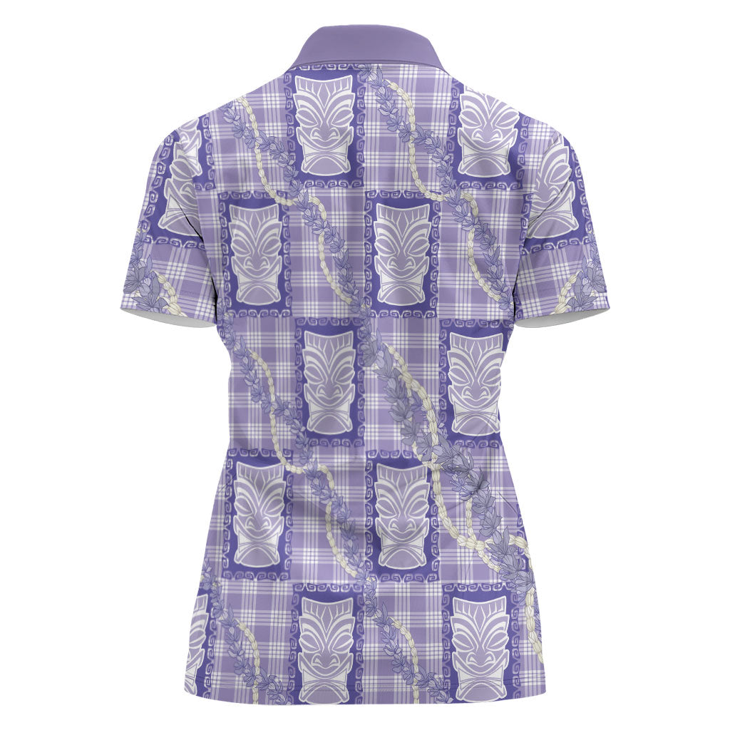 Aloha Hawaii Tiki Palaka Motifs Women Polo Shirt Honohono Lei Purple Elegant Vibes