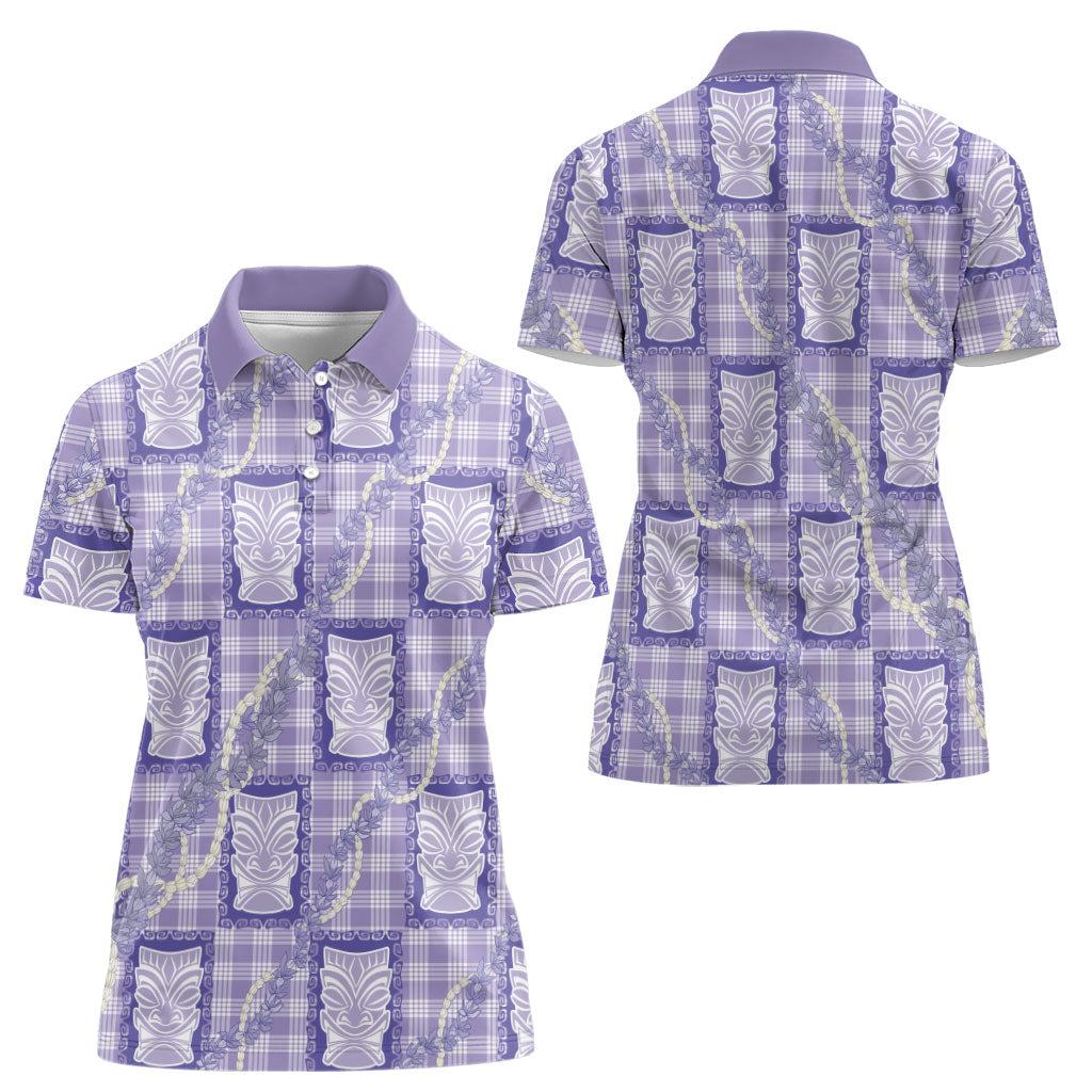 Aloha Hawaii Tiki Palaka Motifs Women Polo Shirt Honohono Lei Purple Elegant Vibes