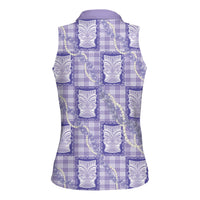 Aloha Hawaii Tiki Palaka Motifs Women Sleeveless Polo Shirt Honohono Lei Purple Elegant Vibes