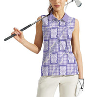 Aloha Hawaii Tiki Palaka Motifs Women Sleeveless Polo Shirt Honohono Lei Purple Elegant Vibes