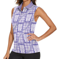 Aloha Hawaii Tiki Palaka Motifs Women Sleeveless Polo Shirt Honohono Lei Purple Elegant Vibes