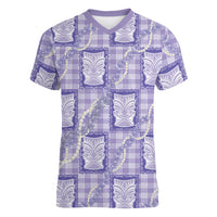 Aloha Hawaii Tiki Palaka Motifs Women V-Neck T-Shirt Honohono Lei Purple Elegant Vibes