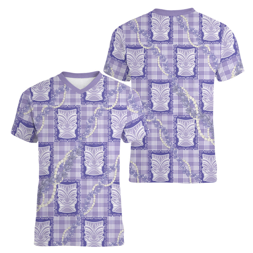 Aloha Hawaii Tiki Palaka Motifs Women V-Neck T-Shirt Honohono Lei Purple Elegant Vibes