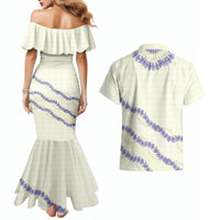 Hawaii Honohono Palaka Motifs Couples Matching Mermaid Dress and Hawaiian Shirt Hawaiian Orchid Lei