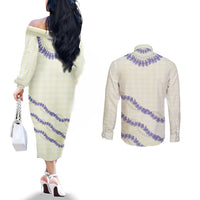 Hawaii Honohono Palaka Motifs Couples Matching Off The Shoulder Long Sleeve Dress and Long Sleeve Button Shirt Hawaiian Orchid Lei