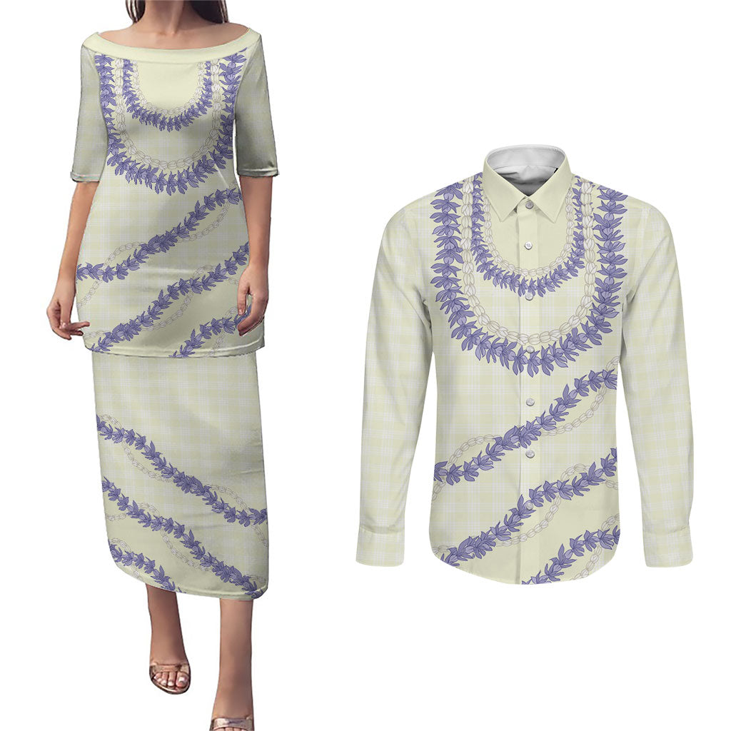 Hawaii Honohono Palaka Motifs Couples Matching Puletasi and Long Sleeve Button Shirt Hawaiian Orchid Lei LT14 Cream - Polynesian Pride