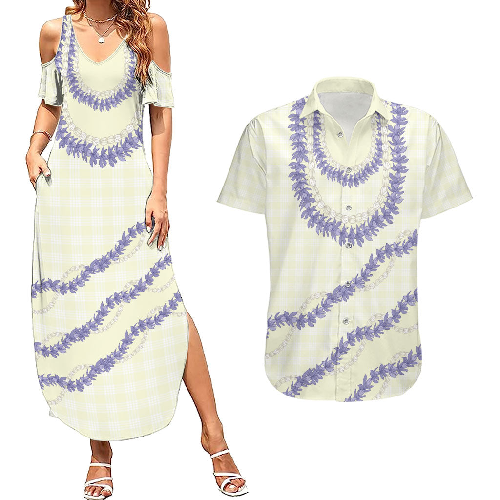 Hawaii Honohono Palaka Motifs Couples Matching Summer Maxi Dress and Hawaiian Shirt Hawaiian Orchid Lei LT14 Cream - Polynesian Pride