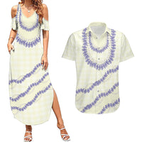 Hawaii Honohono Palaka Motifs Couples Matching Summer Maxi Dress and Hawaiian Shirt Hawaiian Orchid Lei