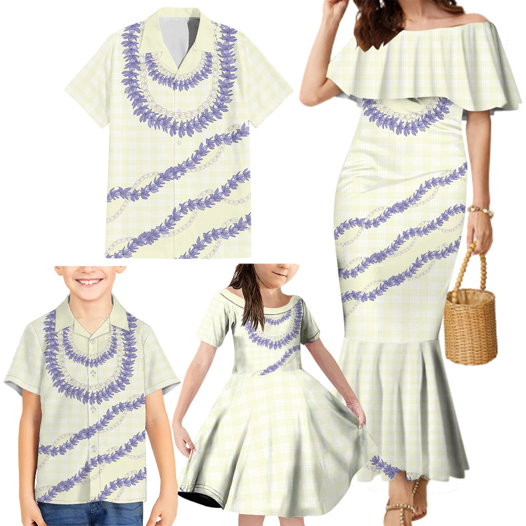 Hawaii Honohono Palaka Motifs Family Matching Mermaid Dress and Hawaiian Shirt Hawaiian Orchid Lei
