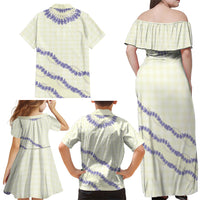 Hawaii Honohono Palaka Motifs Family Matching Off Shoulder Maxi Dress and Hawaiian Shirt Hawaiian Orchid Lei
