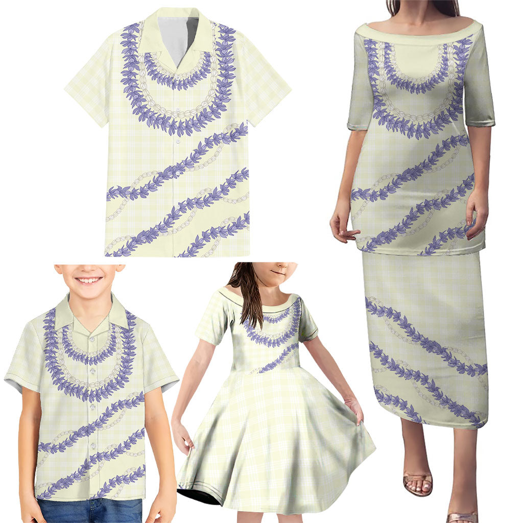 Hawaii Honohono Palaka Motifs Family Matching Puletasi and Hawaiian Shirt Hawaiian Orchid Lei