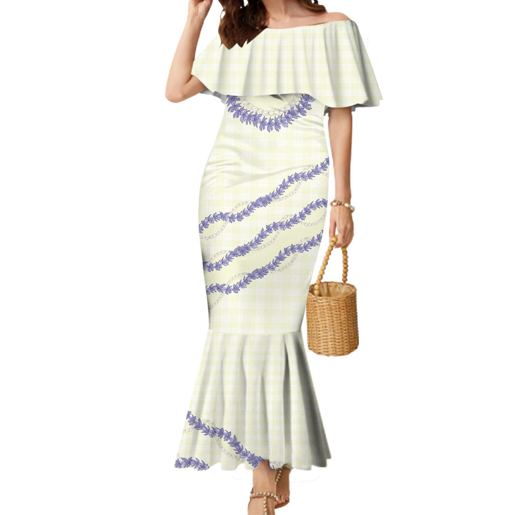 Hawaii Honohono Palaka Motifs Mermaid Dress Hawaiian Orchid Lei LT14 Women Cream - Polynesian Pride