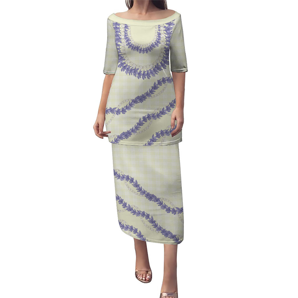 Hawaii Honohono Palaka Motifs Puletasi Hawaiian Orchid Lei LT14 Long Dress Cream - Polynesian Pride