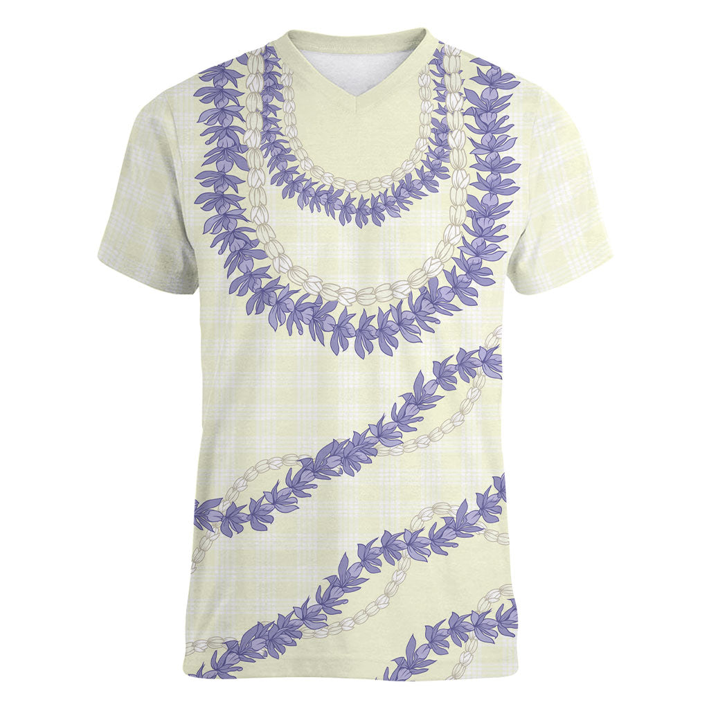 Hawaii Honohono Palaka Motifs Women V-Neck T-Shirt Hawaiian Orchid Lei