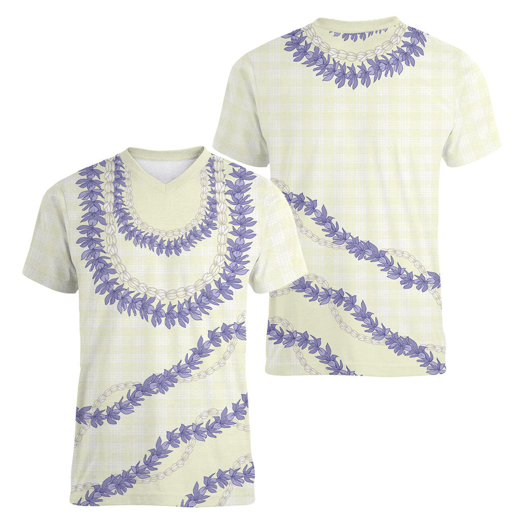 Hawaii Honohono Palaka Motifs Women V-Neck T-Shirt Hawaiian Orchid Lei