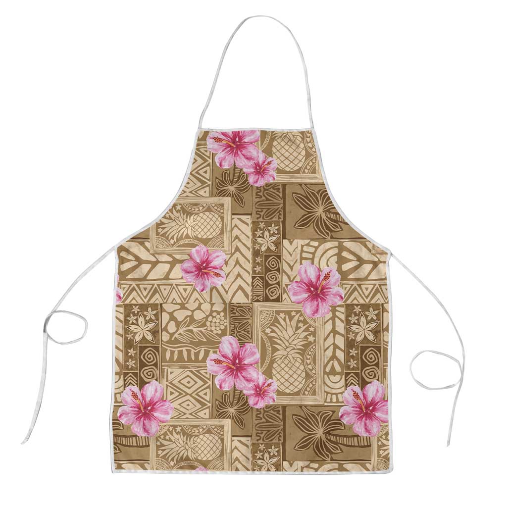 Beige Hawaii Hibiscus With Tropical Flowers Motifs Apron - Polynesian Pride