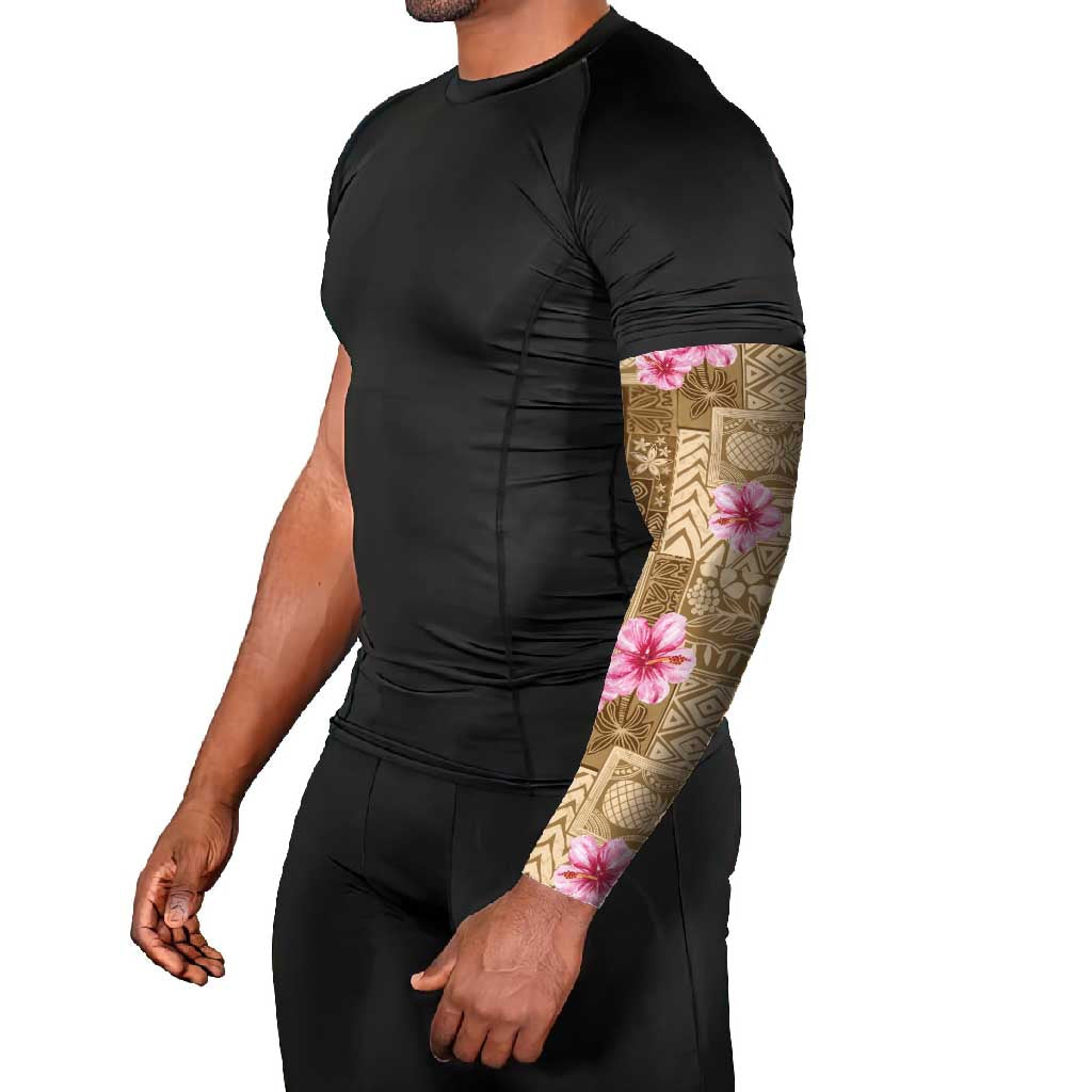 Beige Hawaii Hibiscus With Tropical Flowers Motifs Arm Sleeves - Polynesian Pride