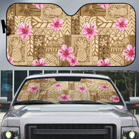 Beige Hawaii Hibiscus With Tropical Flowers Motifs Auto Sun Shade - Polynesian Pride