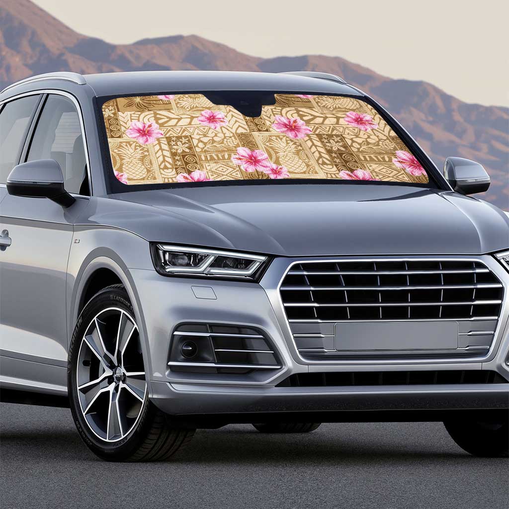 Beige Hawaii Hibiscus With Tropical Flowers Motifs Auto Sun Shade - Polynesian Pride