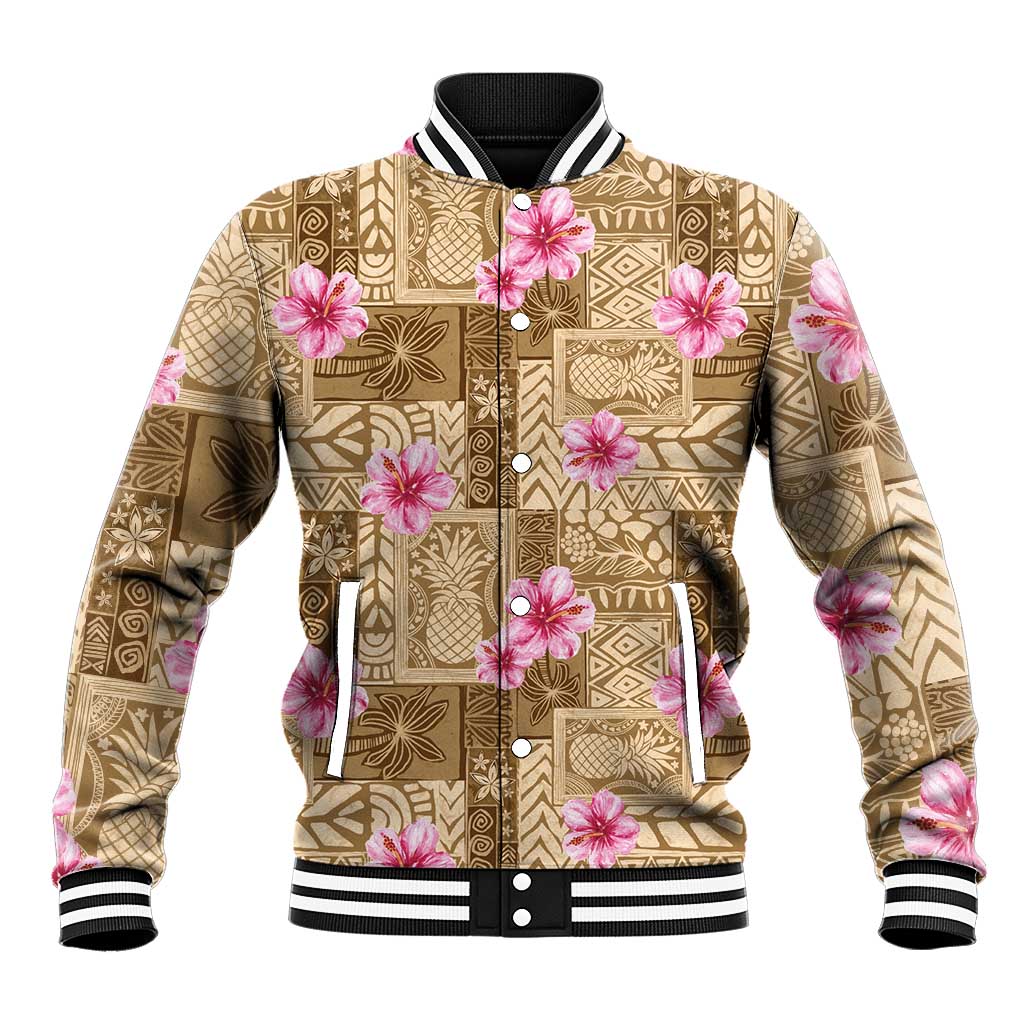 Beige Hawaii Hibiscus With Tropical Flowers Motifs Baseball Jacket - Polynesian Pride