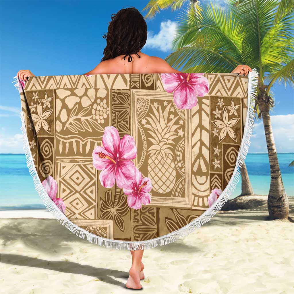 Beige Hawaii Hibiscus With Tropical Flowers Motifs Beach Blanket - Polynesian Pride