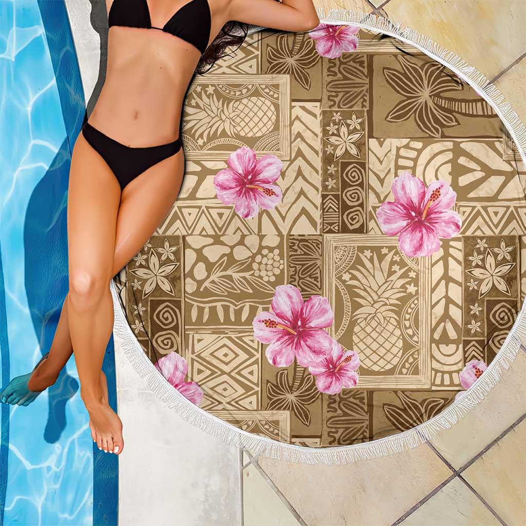 Beige Hawaii Hibiscus With Tropical Flowers Motifs Beach Blanket - Polynesian Pride