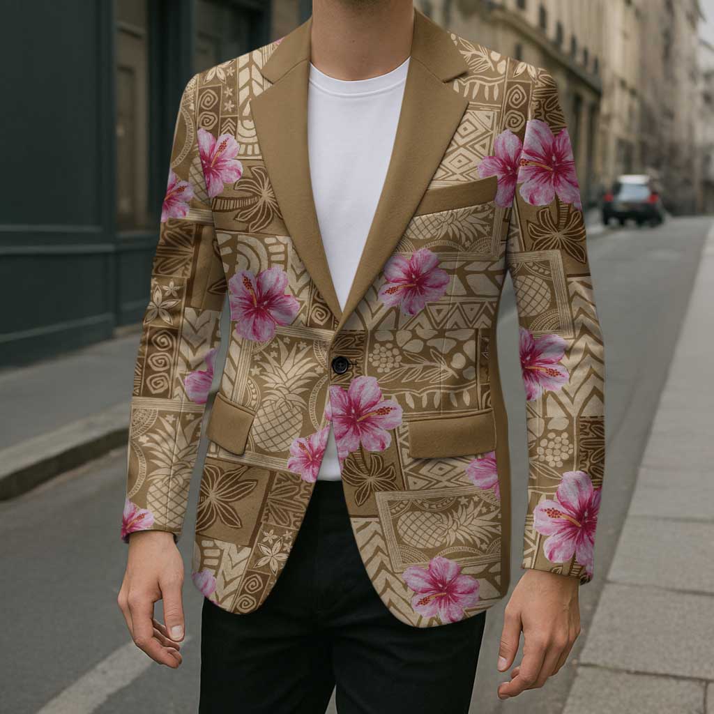 Beige Hawaii Hibiscus With Tropical Flowers Motifs Blazer - Polynesian Pride