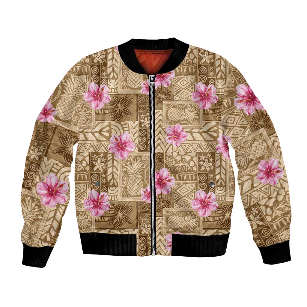 Beige Hawaii Hibiscus With Tropical Flowers Motifs Bomber Jacket - Polynesian Pride