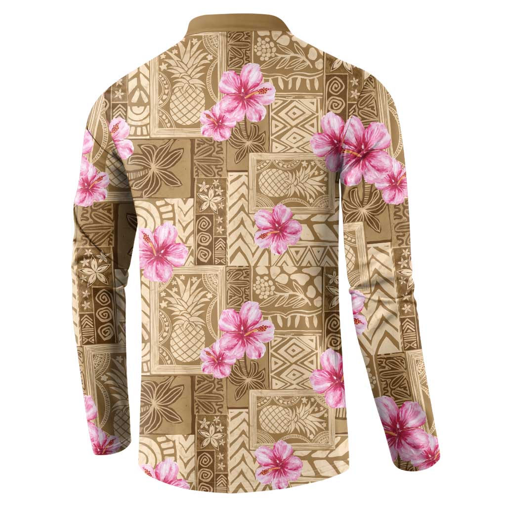 Beige Hawaii Hibiscus With Tropical Flowers Motifs Button Sweatshirt - Polynesian Pride