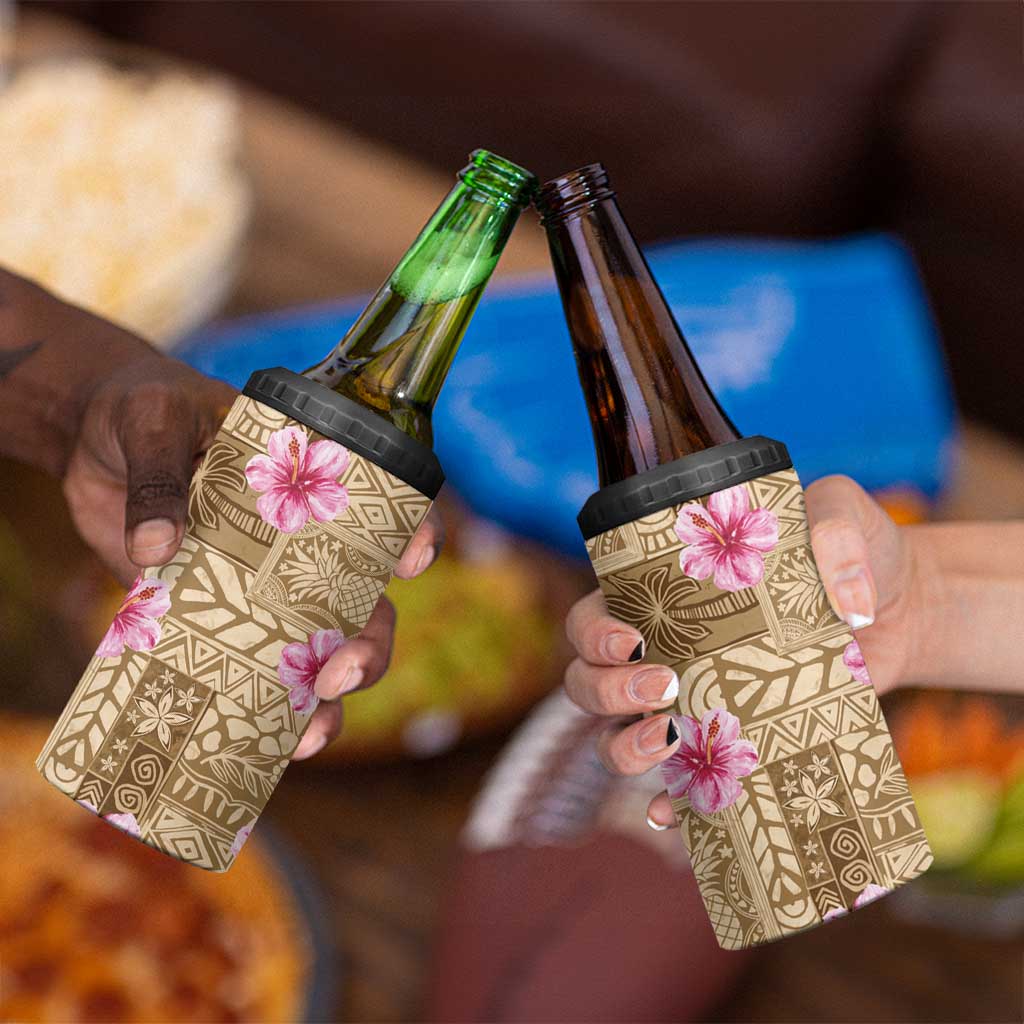 Beige Hawaii Hibiscus With Tropical Flowers Motifs 4 in 1 Can Cooler Tumbler - Polynesian Pride