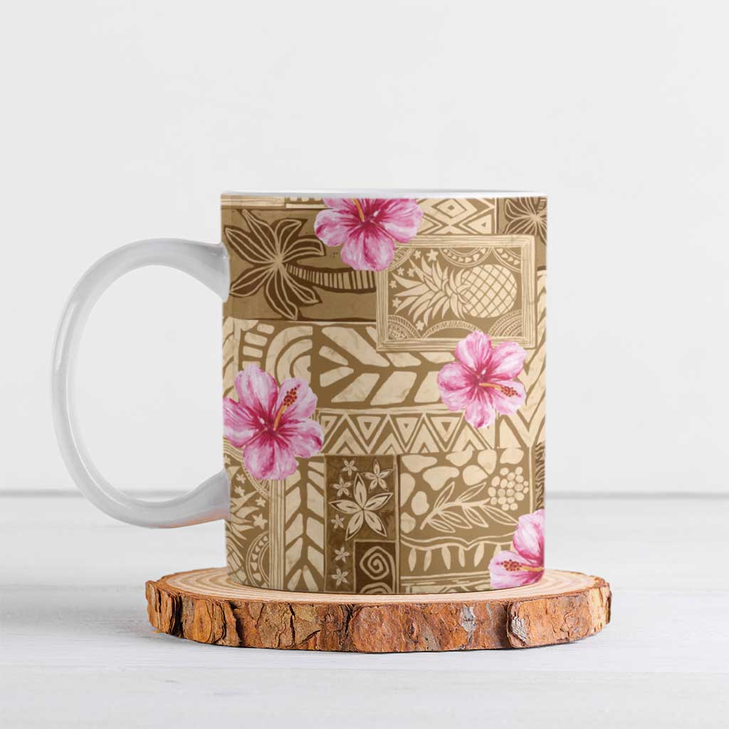 Beige Hawaii Hibiscus With Tropical Flowers Motifs Ceramic Mug - Polynesian Pride