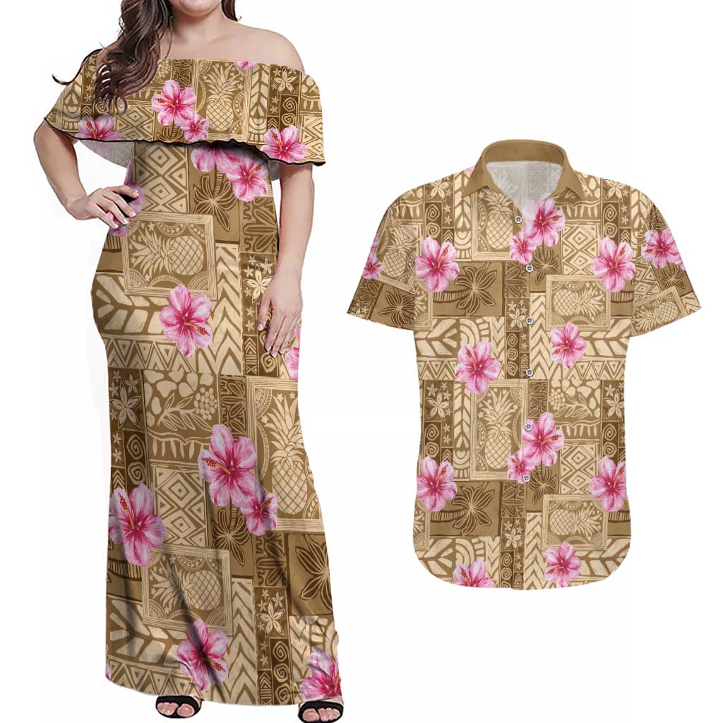 Beige Hawaii Hibiscus With Tropical Flowers Motifs Couples Matching Off Shoulder Maxi Dress and Hawaiian Shirt - Polynesian Pride