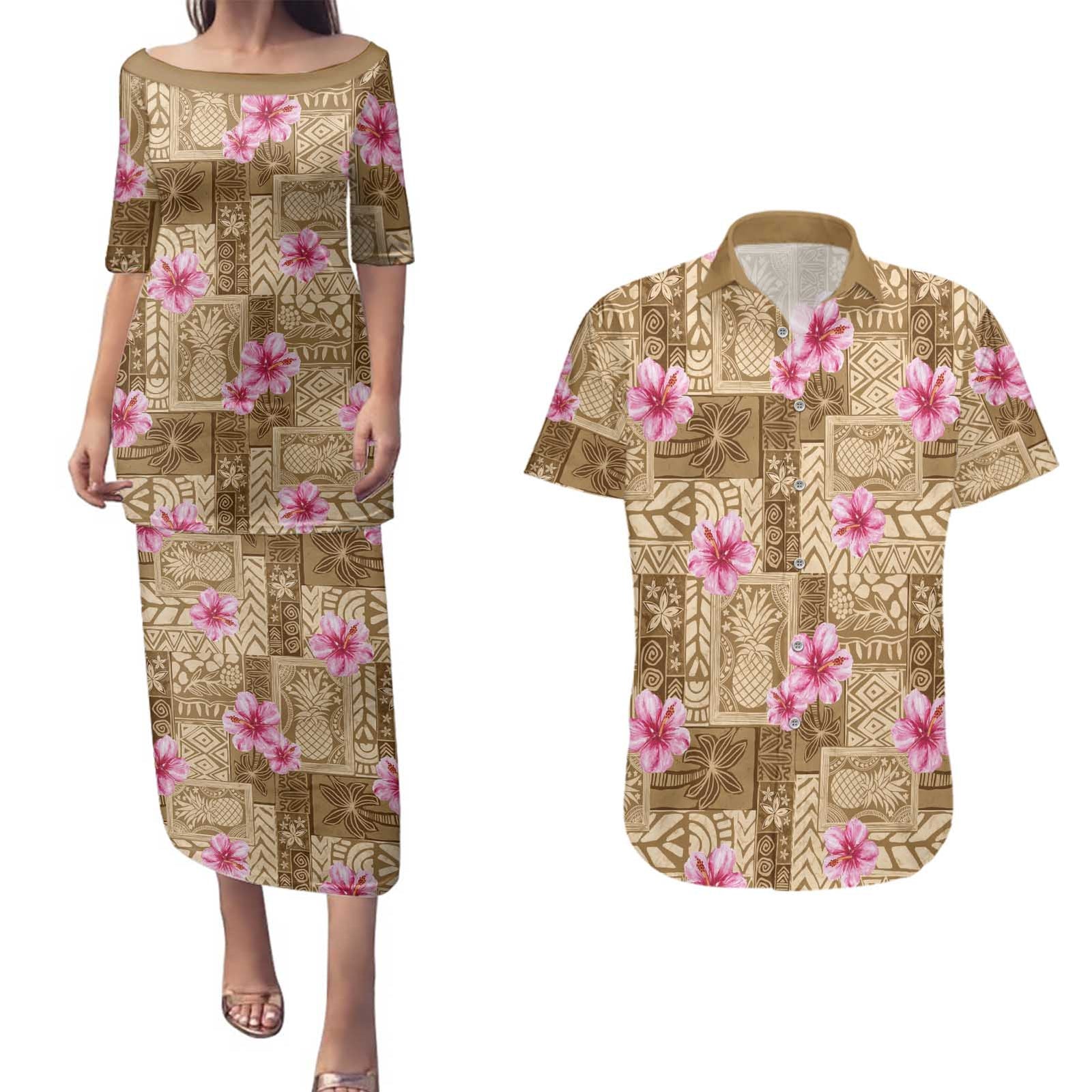 Beige Hawaii Hibiscus With Tropical Flowers Motifs Couples Matching Puletasi and Hawaiian Shirt - Polynesian Pride
