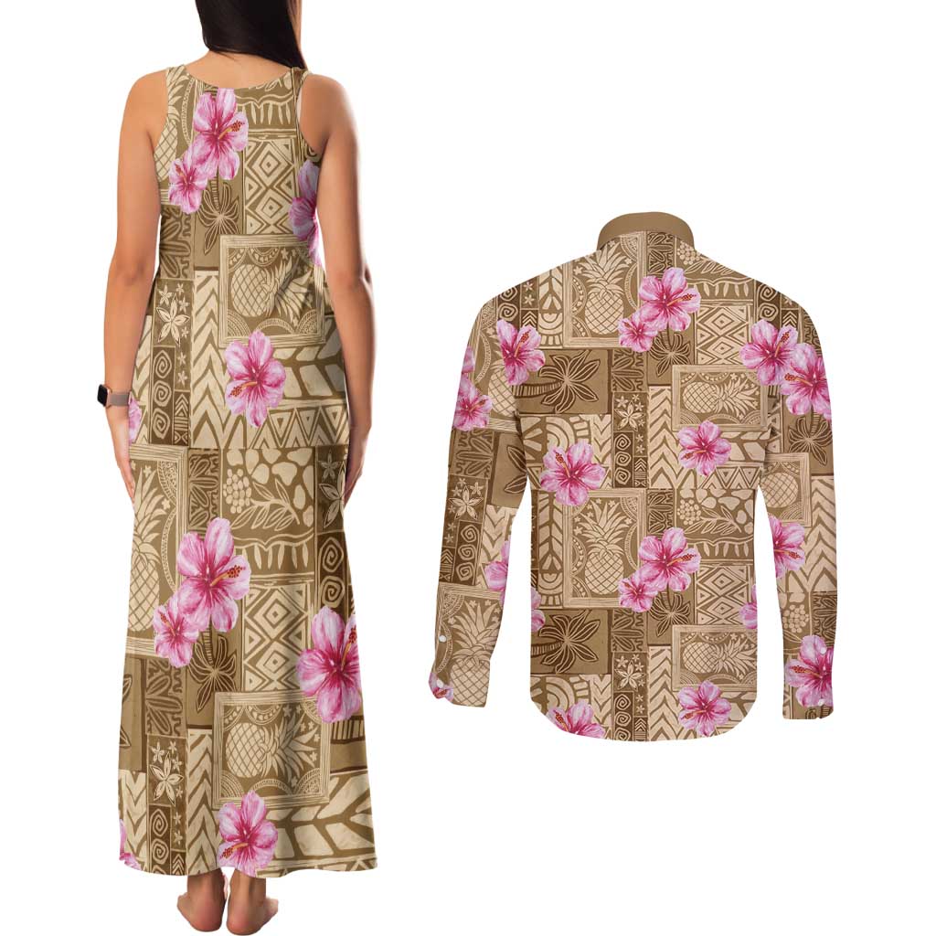 Beige Hawaii Hibiscus With Tropical Flowers Motifs Couples Matching Tank Maxi Dress and Long Sleeve Button Shirt - Polynesian Pride