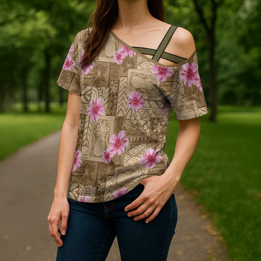 Beige Hawaii Hibiscus With Tropical Flowers Motifs Cross Shoulder Shirt - Polynesian Pride