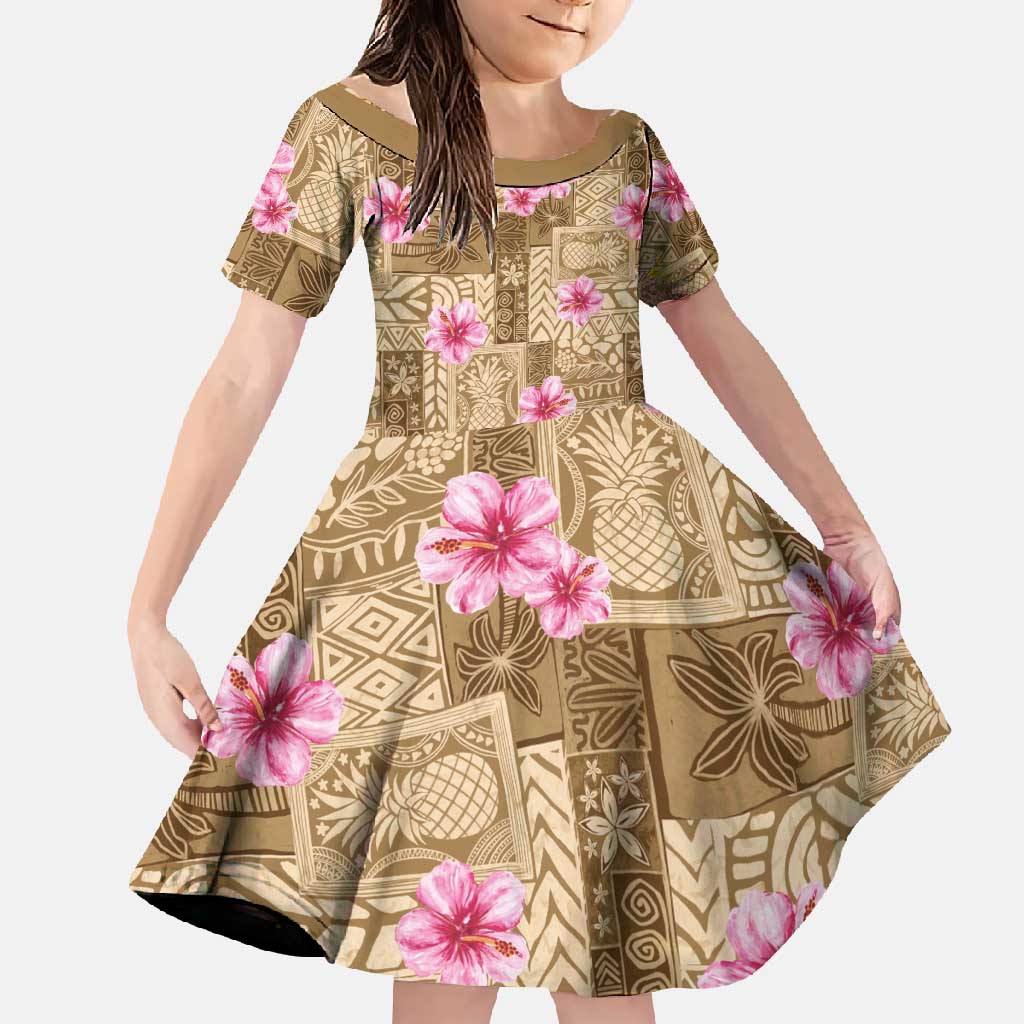 Beige Hawaii Hibiscus With Tropical Flowers Motifs Family Matching Long Sleeve Bodycon Dress and Hawaiian Shirt - Polynesian Pride