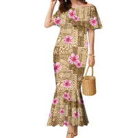 Beige Hawaii Hibiscus With Tropical Flowers Motifs Family Matching Mermaid Dress and Hawaiian Shirt - Polynesian Pride