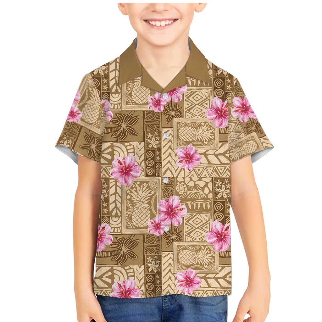 Beige Hawaii Hibiscus With Tropical Flowers Motifs Family Matching Mermaid Dress and Hawaiian Shirt - Polynesian Pride