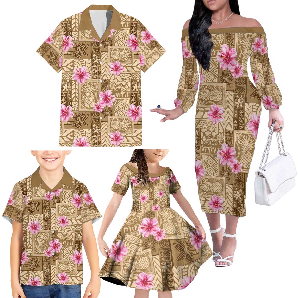 Beige Hawaii Hibiscus With Tropical Flowers Motifs Family Matching Off The Shoulder Long Sleeve Dress and Hawaiian Shirt - Polynesian Pride