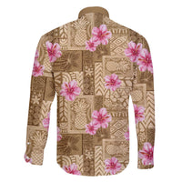 Beige Hawaii Hibiscus With Tropical Flowers Motifs Family Matching Off The Shoulder Long Sleeve Dress and Hawaiian Shirt - Polynesian Pride