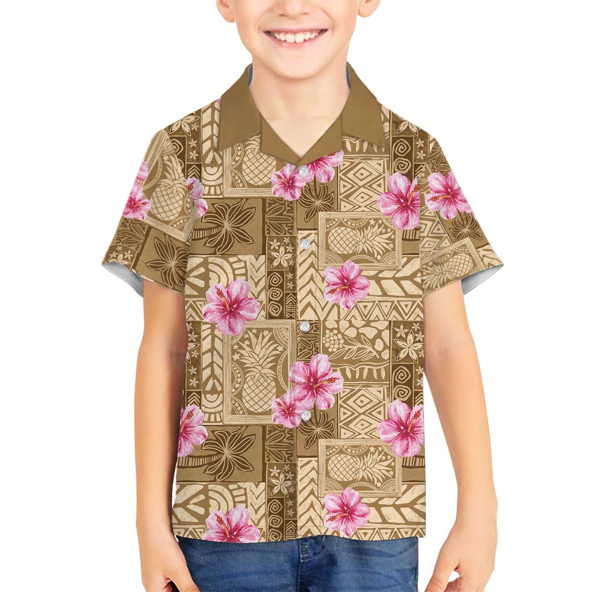 Beige Hawaii Hibiscus With Tropical Flowers Motifs Family Matching Off The Shoulder Long Sleeve Dress and Hawaiian Shirt - Polynesian Pride