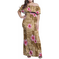 Beige Hawaii Hibiscus With Tropical Flowers Motifs Family Matching Off Shoulder Maxi Dress and Hawaiian Shirt - Polynesian Pride