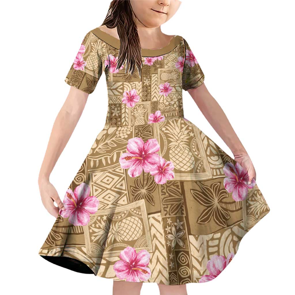 Beige Hawaii Hibiscus With Tropical Flowers Motifs Family Matching Off Shoulder Short Dress and Hawaiian Shirt - Polynesian Pride