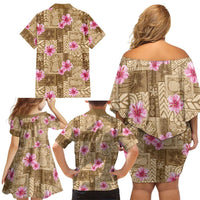 Beige Hawaii Hibiscus With Tropical Flowers Motifs Family Matching Off Shoulder Short Dress and Hawaiian Shirt - Polynesian Pride