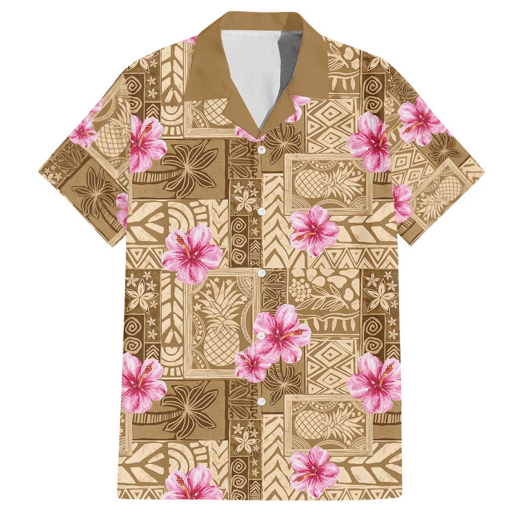 Beige Hawaii Hibiscus With Tropical Flowers Motifs Family Matching Off Shoulder Short Dress and Hawaiian Shirt - Polynesian Pride