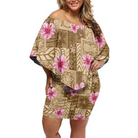 Beige Hawaii Hibiscus With Tropical Flowers Motifs Family Matching Off Shoulder Short Dress and Hawaiian Shirt - Polynesian Pride