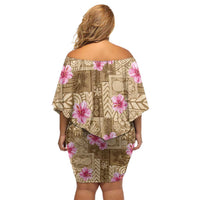 Beige Hawaii Hibiscus With Tropical Flowers Motifs Family Matching Off Shoulder Short Dress and Hawaiian Shirt - Polynesian Pride