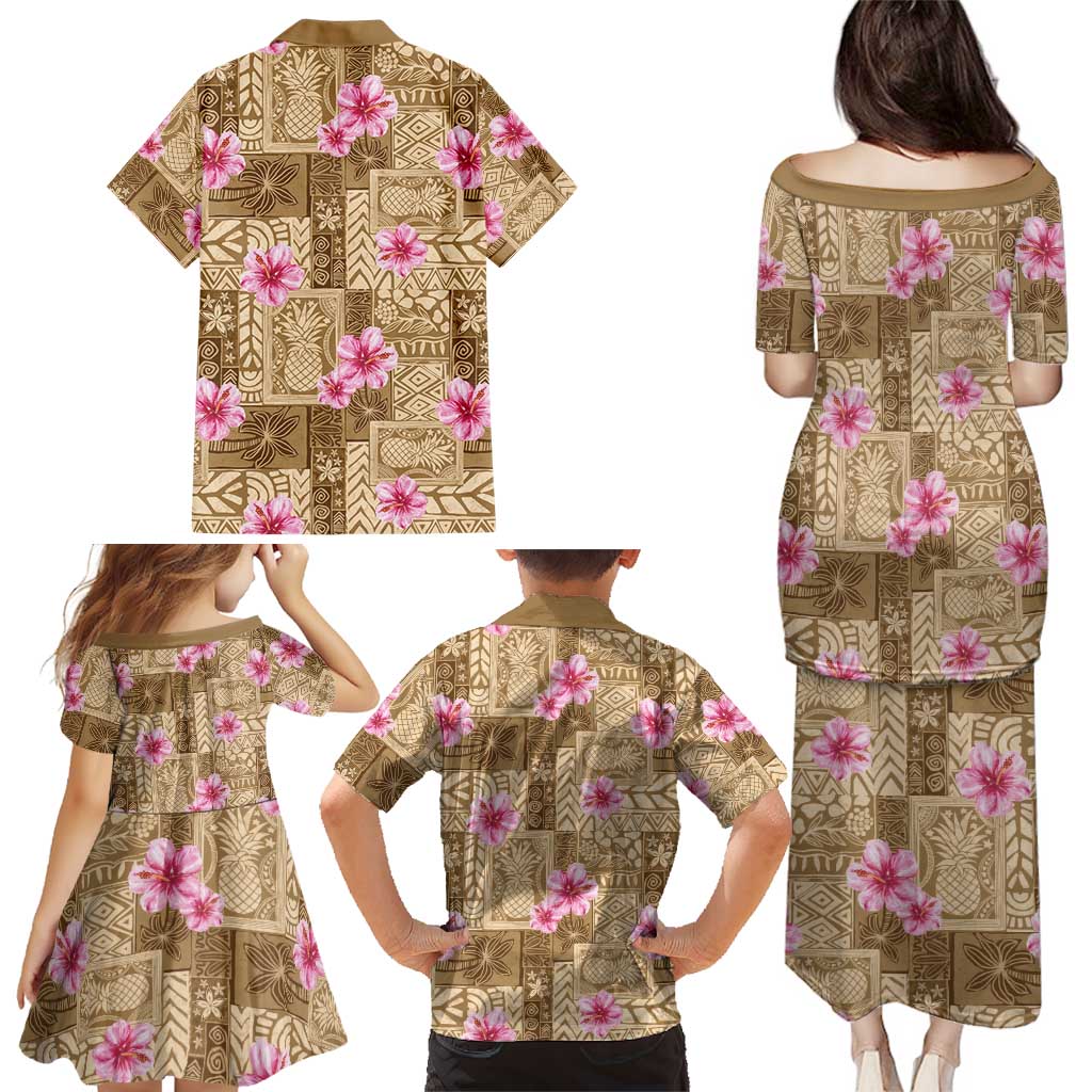 Beige Hawaii Hibiscus With Tropical Flowers Motifs Family Matching Puletasi and Hawaiian Shirt - Polynesian Pride