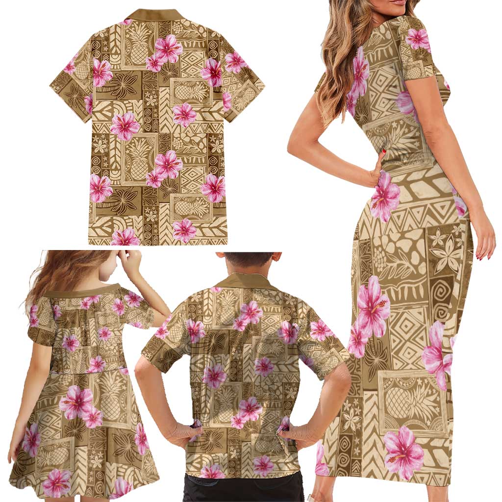 Beige Hawaii Hibiscus With Tropical Flowers Motifs Family Matching Short Sleeve Bodycon Dress and Hawaiian Shirt - Polynesian Pride