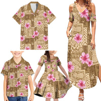 Beige Hawaii Hibiscus With Tropical Flowers Motifs Family Matching Summer Maxi Dress and Hawaiian Shirt - Polynesian Pride